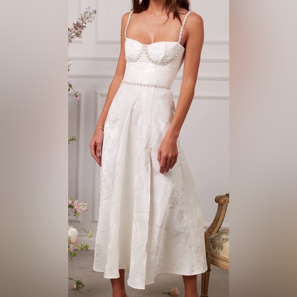 V. Chapman Dresses & Skirts - V. Chapman Ivory Pearl-Trim Floral Jacquard Midi Wedding Dress